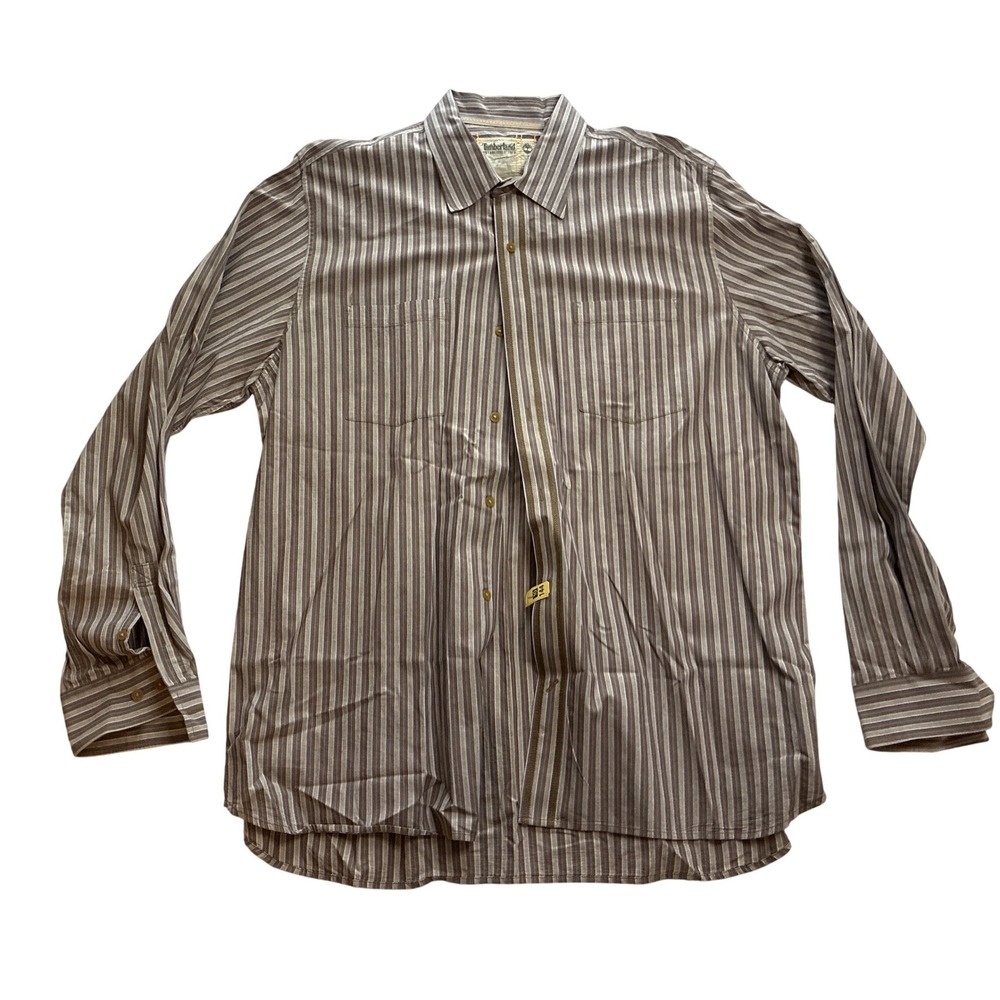 Timberland Mens XXL Brown Blue Striped Cotton Long Sleeve Button‎ Down Shirt